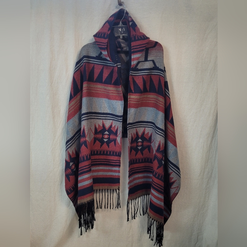 Tribal Aztec Patterned Shawl Wrap Poncho Open Cardigan with Fringe Western